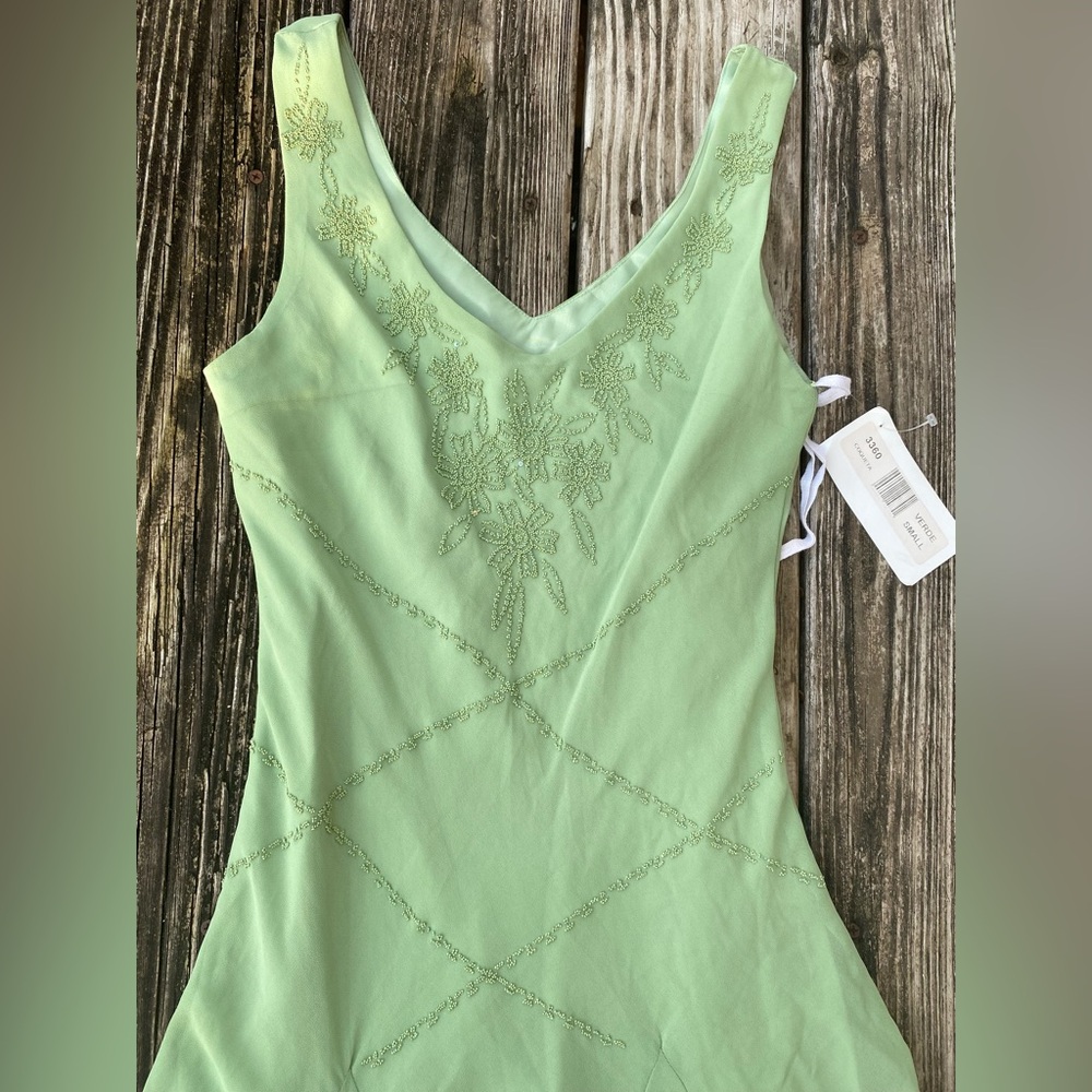 Vintage 90s/Y2K Green Beaded Fairycore Asymmetrical Dress NWTs Size Small - Picture 6 of 16